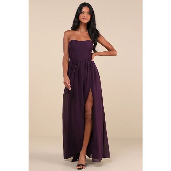 Lulus Luxe Favorite Dark Purple Strapless Ruched Maxi Dress Size S NWT - Picture 1 of 9